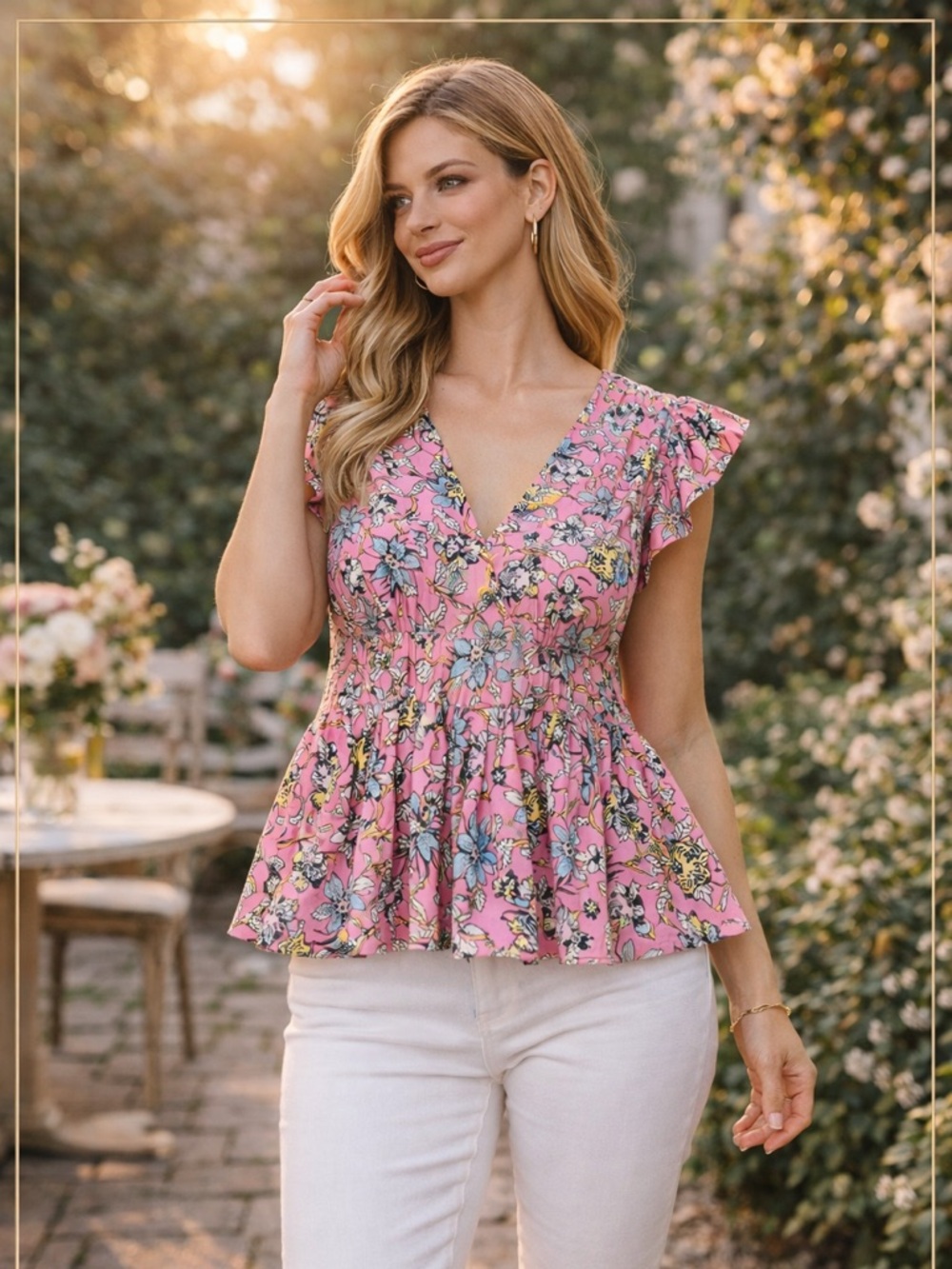 10 Crosby Derek Lam Pink Floral Ruffle Peplum Blouse Feminine Chic Garden Party